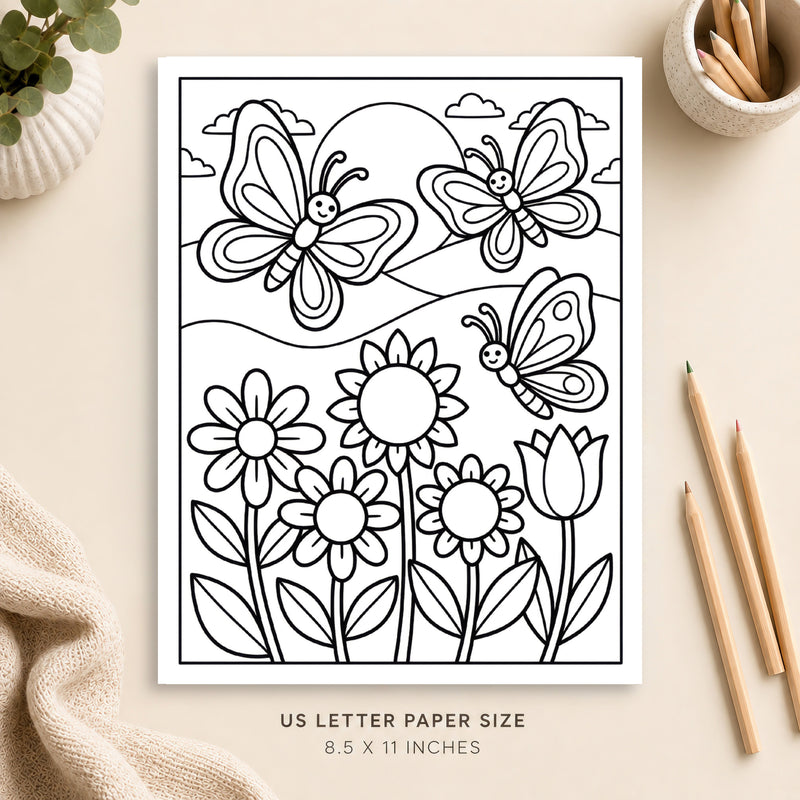 Butterflies and Flowers Coloring Page 2