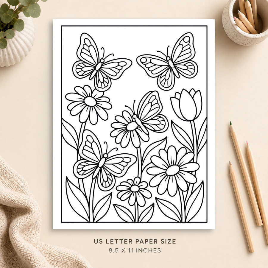 Butterflies and Flowers Coloring Page 4