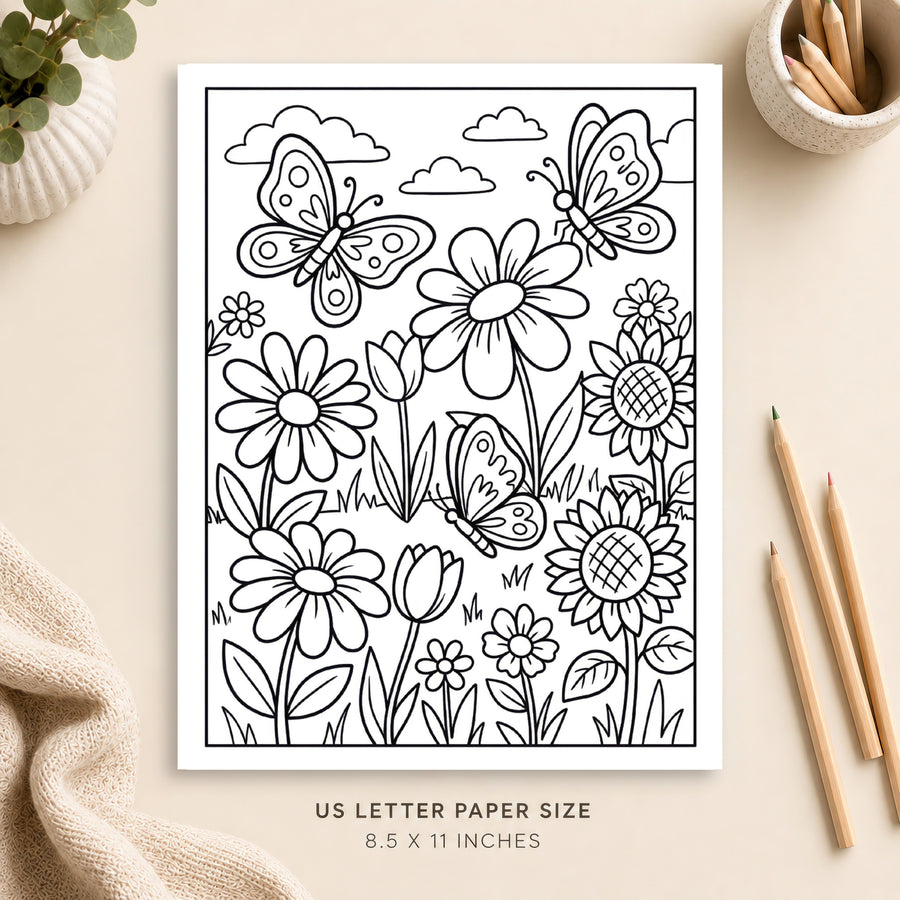 Butterflies and Flowers Coloring Page 5