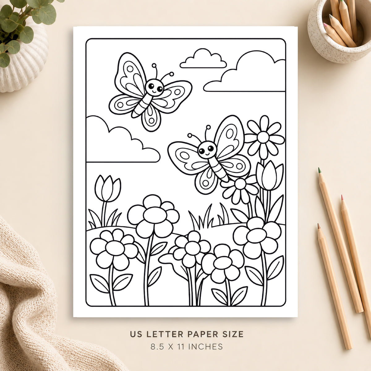 Butterflies and Flowers Coloring Page 6