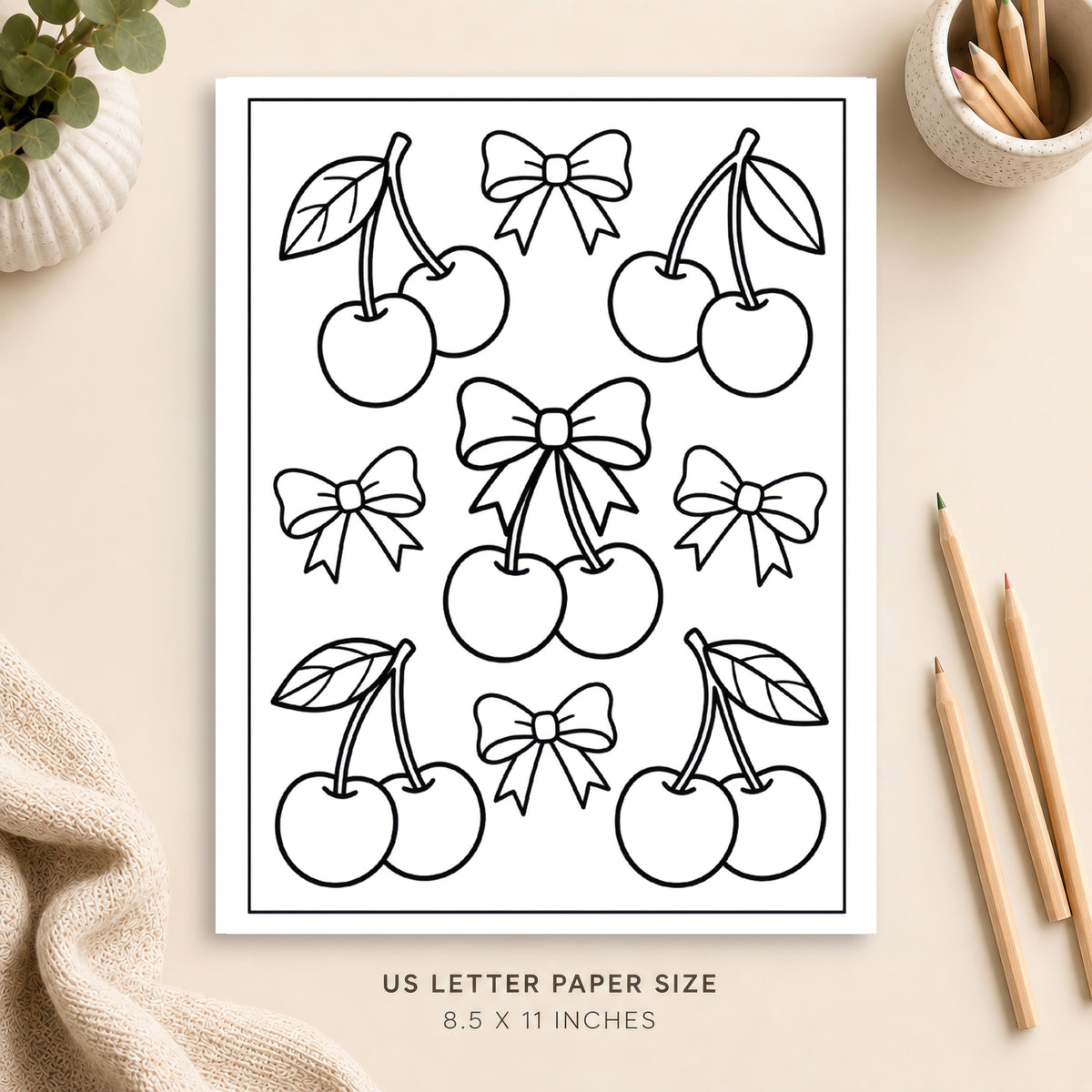 Cherries and Bows Coloring Page 1