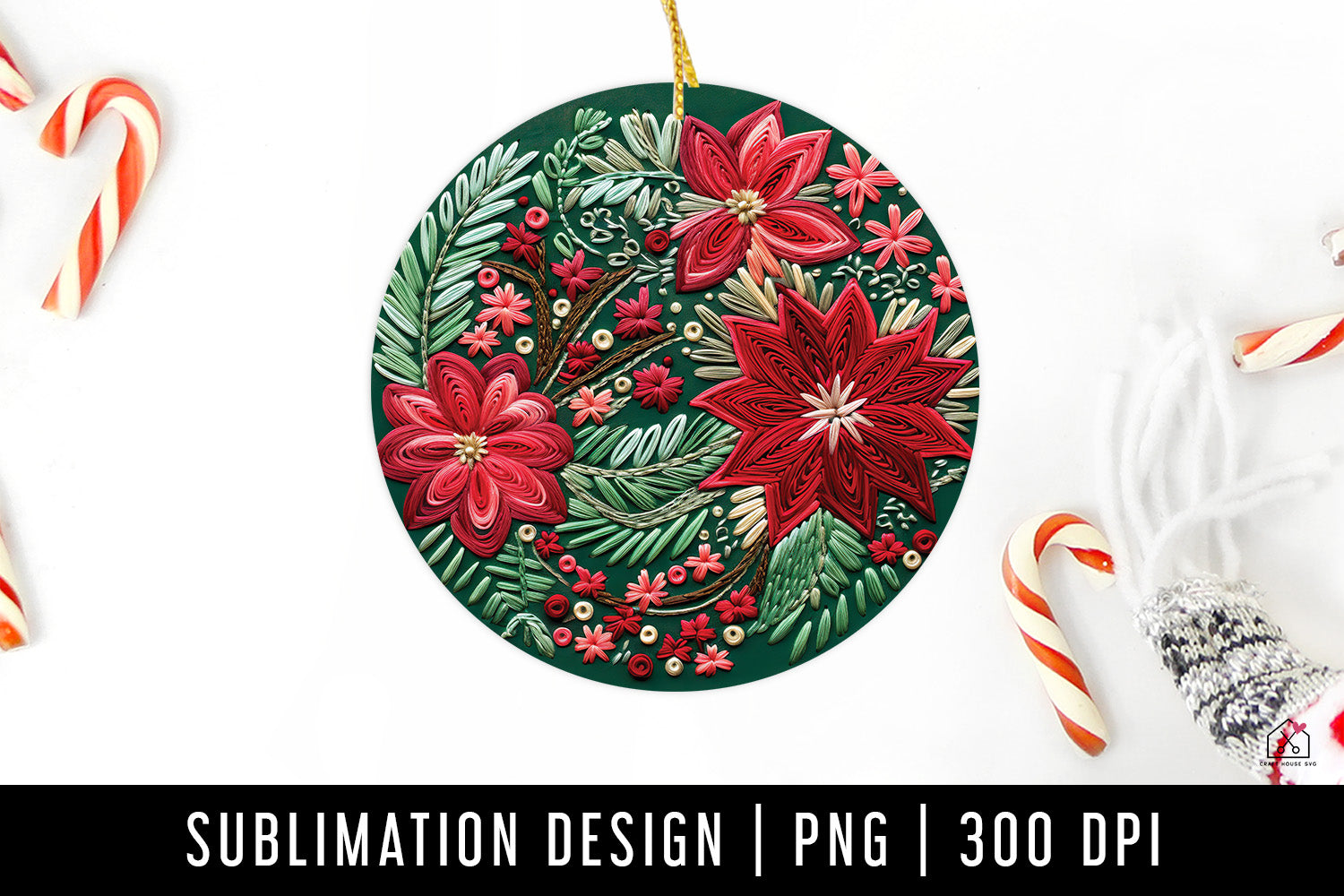 Christmas Floral 3D Ornament Sublimation Design PNG