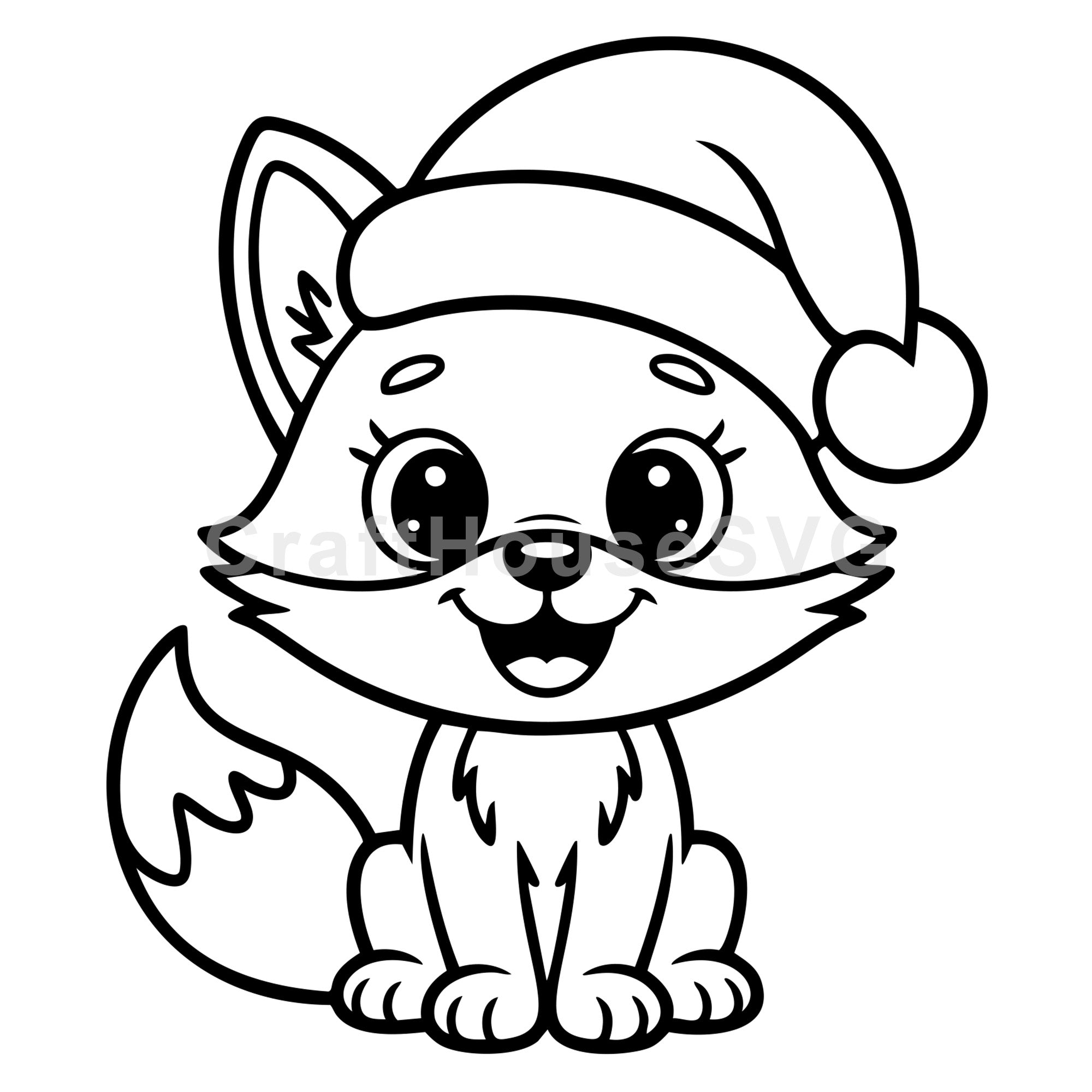 A cute cartoon fox wearing a Santa hat SVG