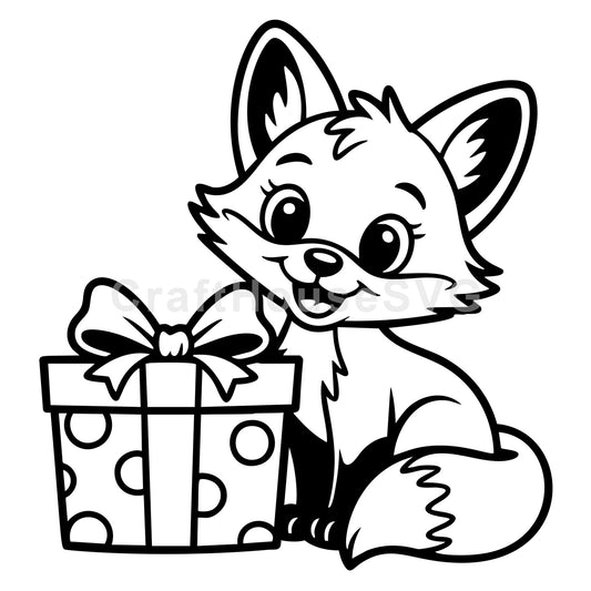 A fox sitting beside a Christmas present SVG