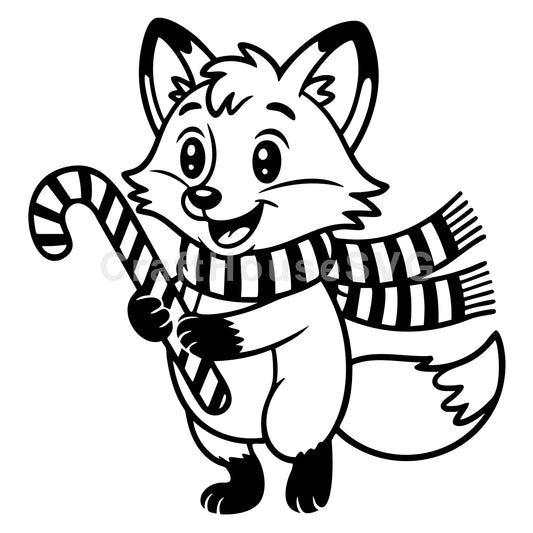 A fox wearing a scarf and holding a candy cane SVG