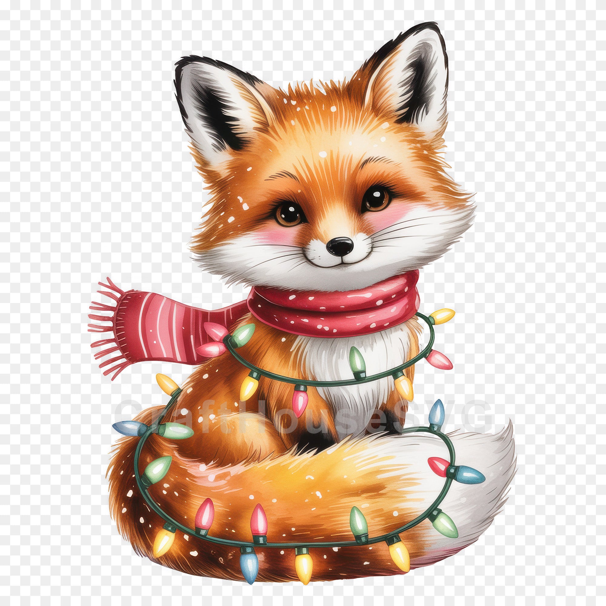 Christmas Fox Tangled in Lights PNG Clip Art Sublimation