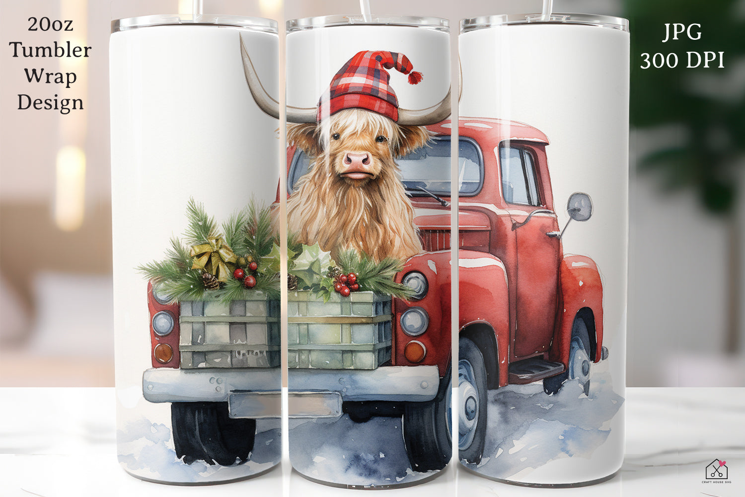 Highland Cow Sublimation Design Christmas 20oz Tumbler Wrap JPG