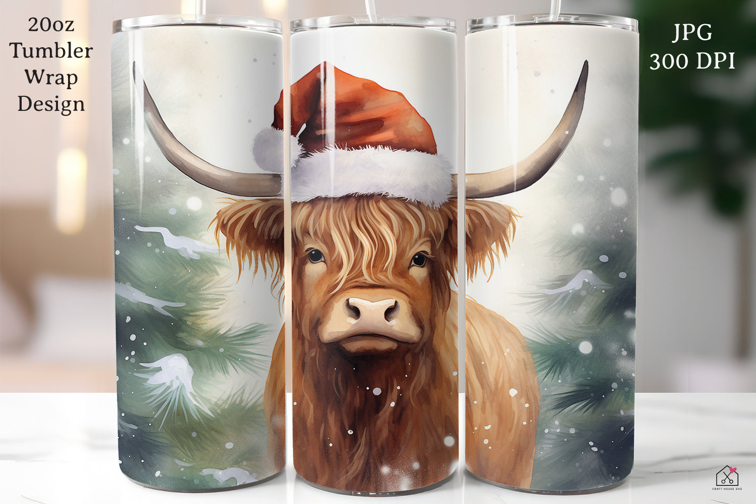Highland Cow Sublimation Design Christmas 20oz Tumbler Wrap JPG