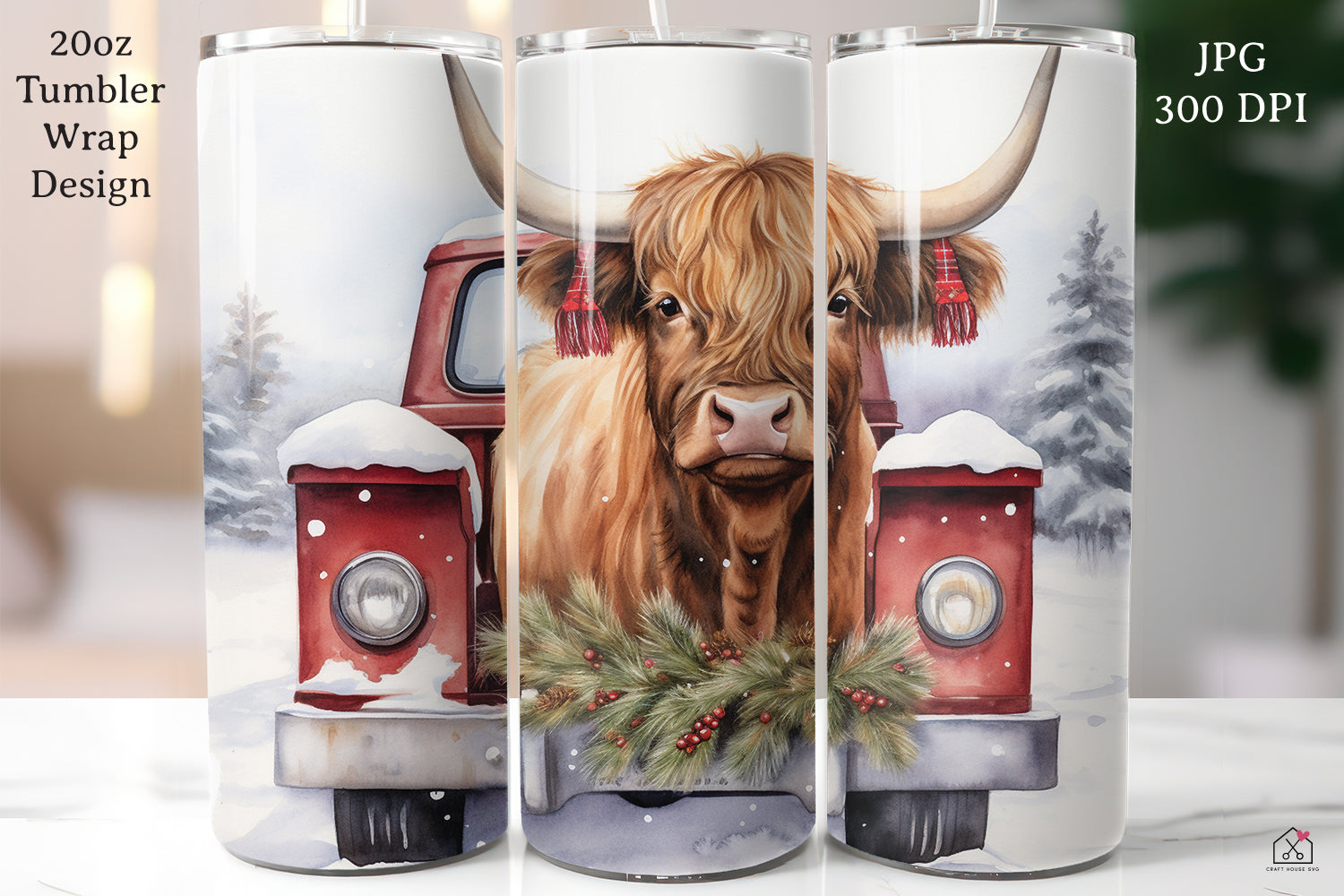 Highland Cow Sublimation Design Christmas 20oz Tumbler Wrap JPG