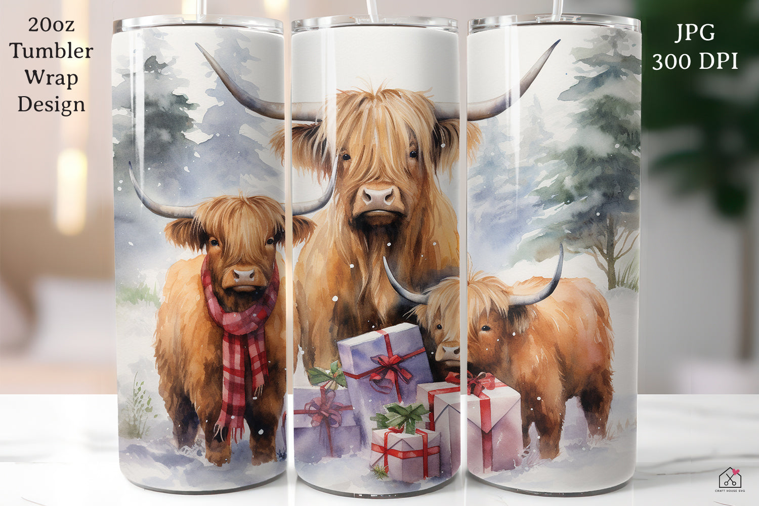 Highland Cow Sublimation Design Christmas 20oz Tumbler Wrap JPG