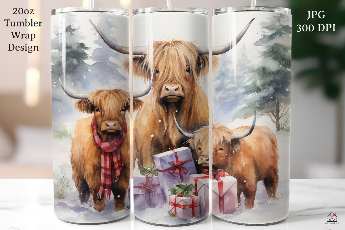 Highland Cow Sublimation Design Christmas 20oz Tumbler Wrap JPG ...