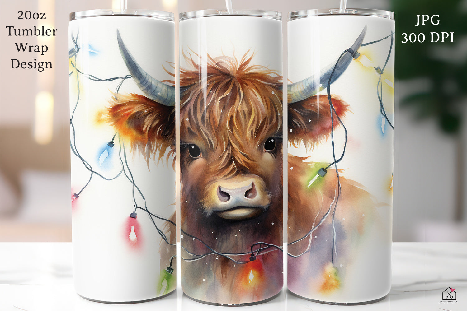 Highland Cow Sublimation Design Christmas 20oz Tumbler Wrap JPG