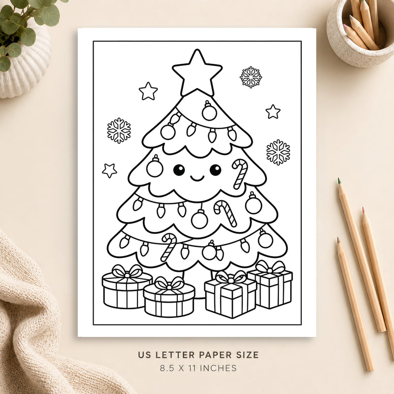 Cute Christmas Tree Coloring Page (PDF, US Letter)