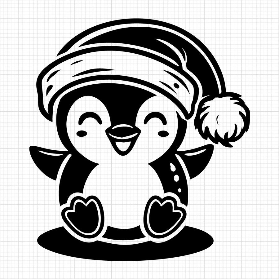 Christmas Penguin in Santa Hat and Snowflakes