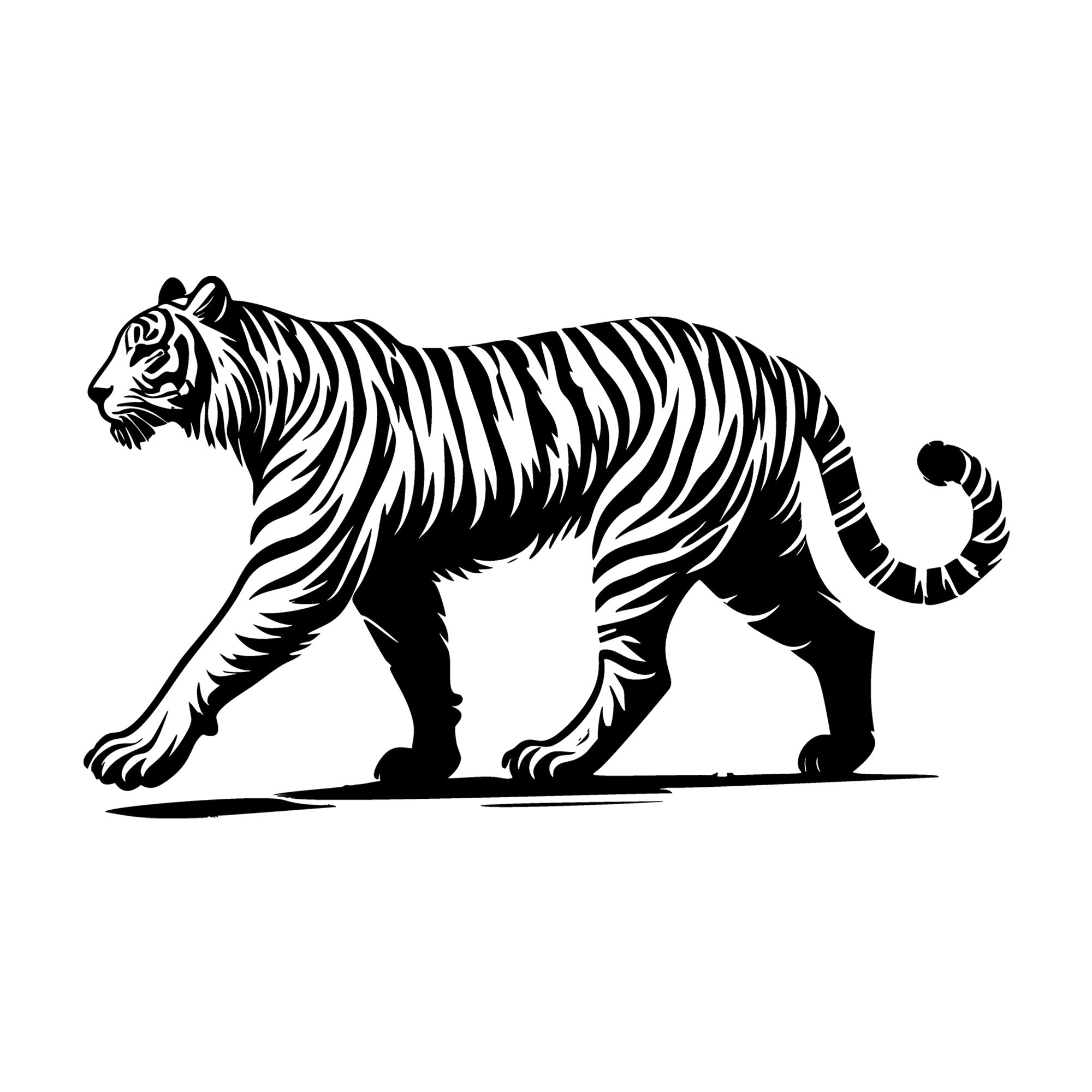 Classic Walking Tiger Silhouette SVG design for Cricut, Silhouette, laser cutting, vinyl, sublimation, and craft projects.