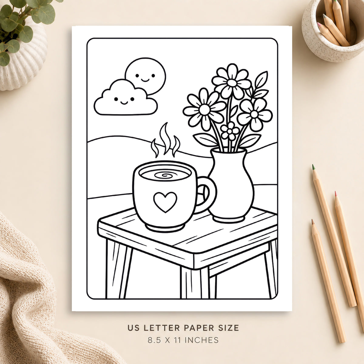 Coffee and Flowers Coloring Page 1