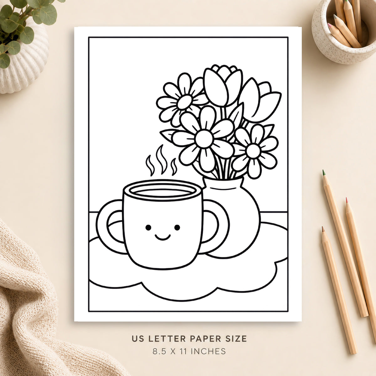 Coffee and Flowers Coloring Page 2