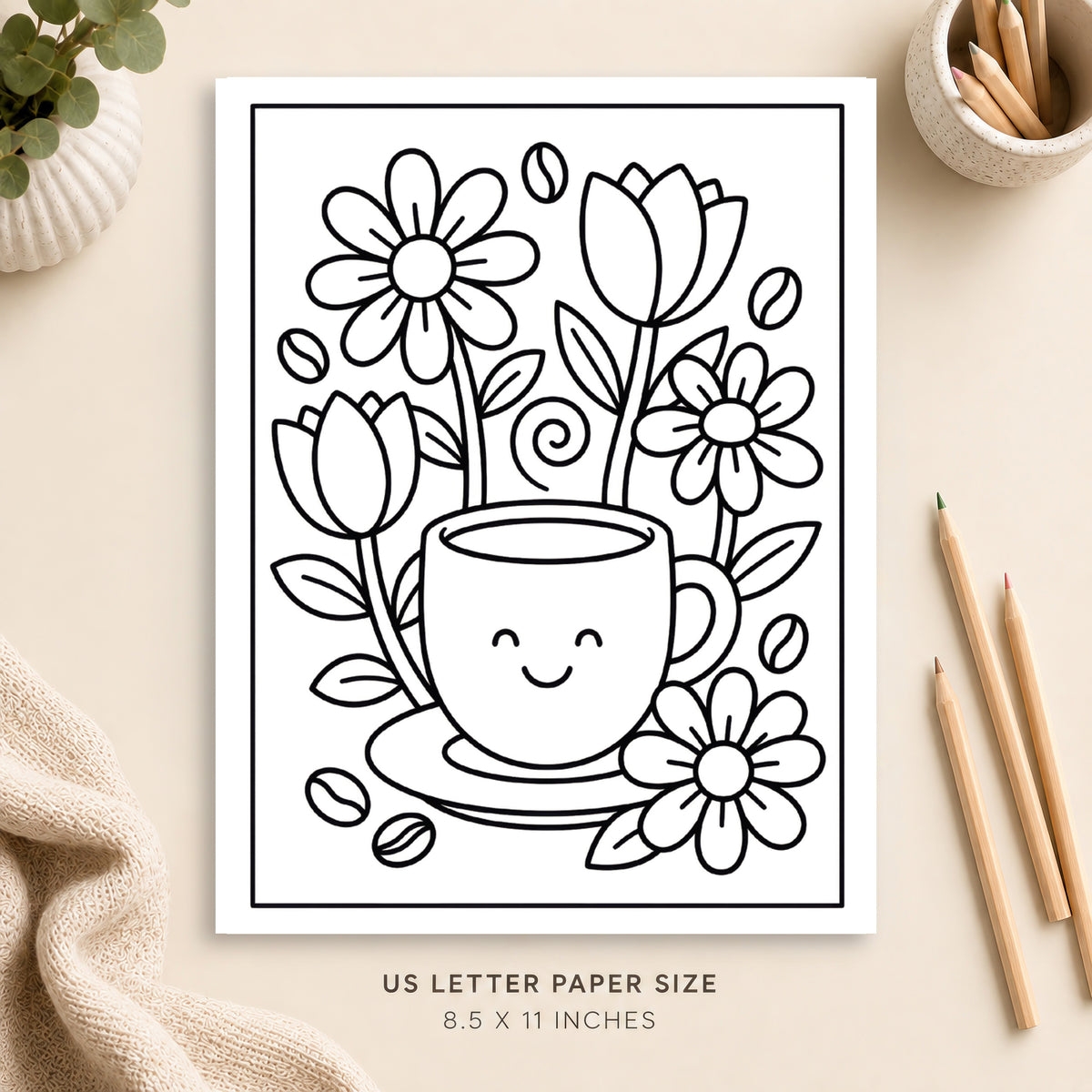Coffee and Flowers Coloring Page 3
