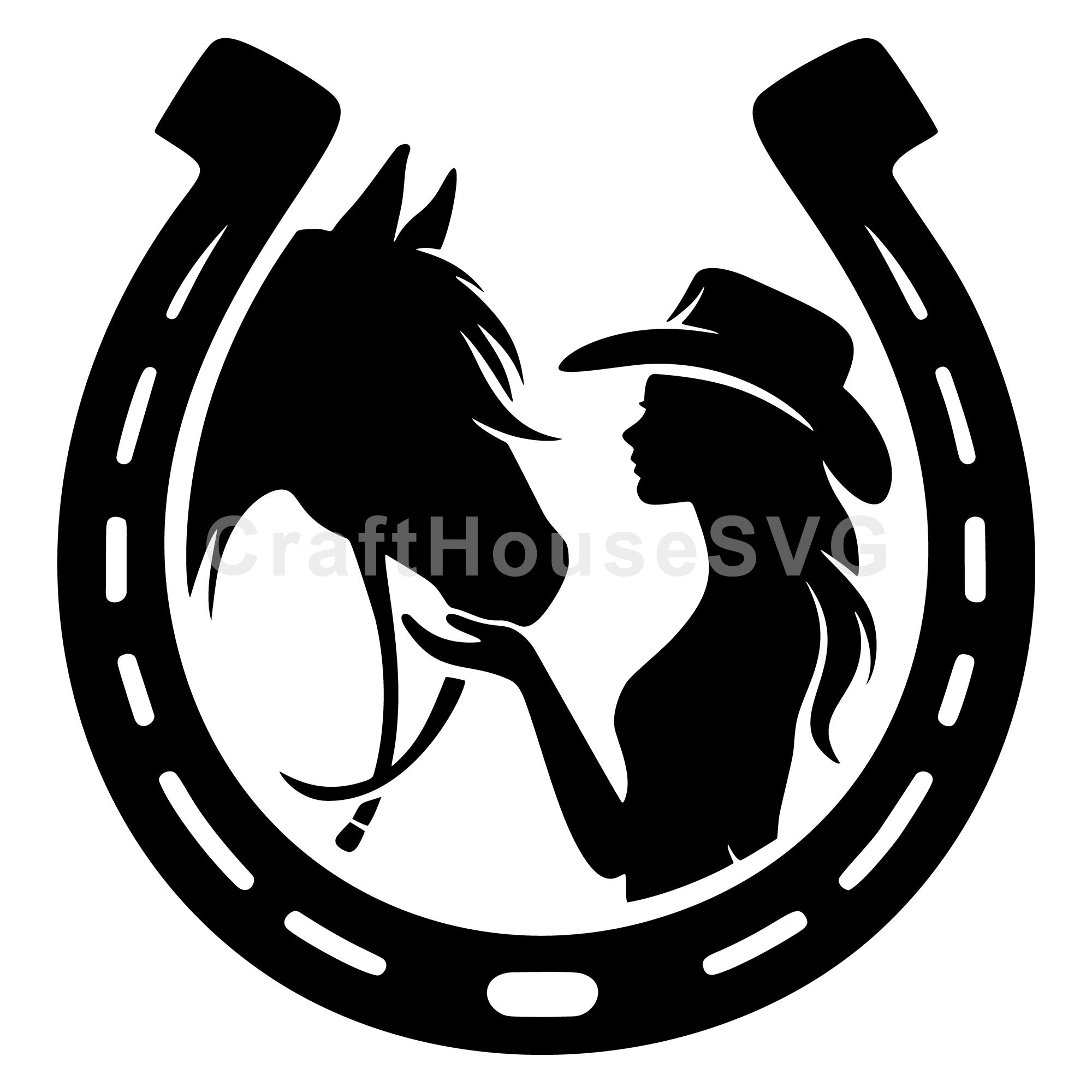 Cowgirl Horse and Horseshoe Silhouette SVG