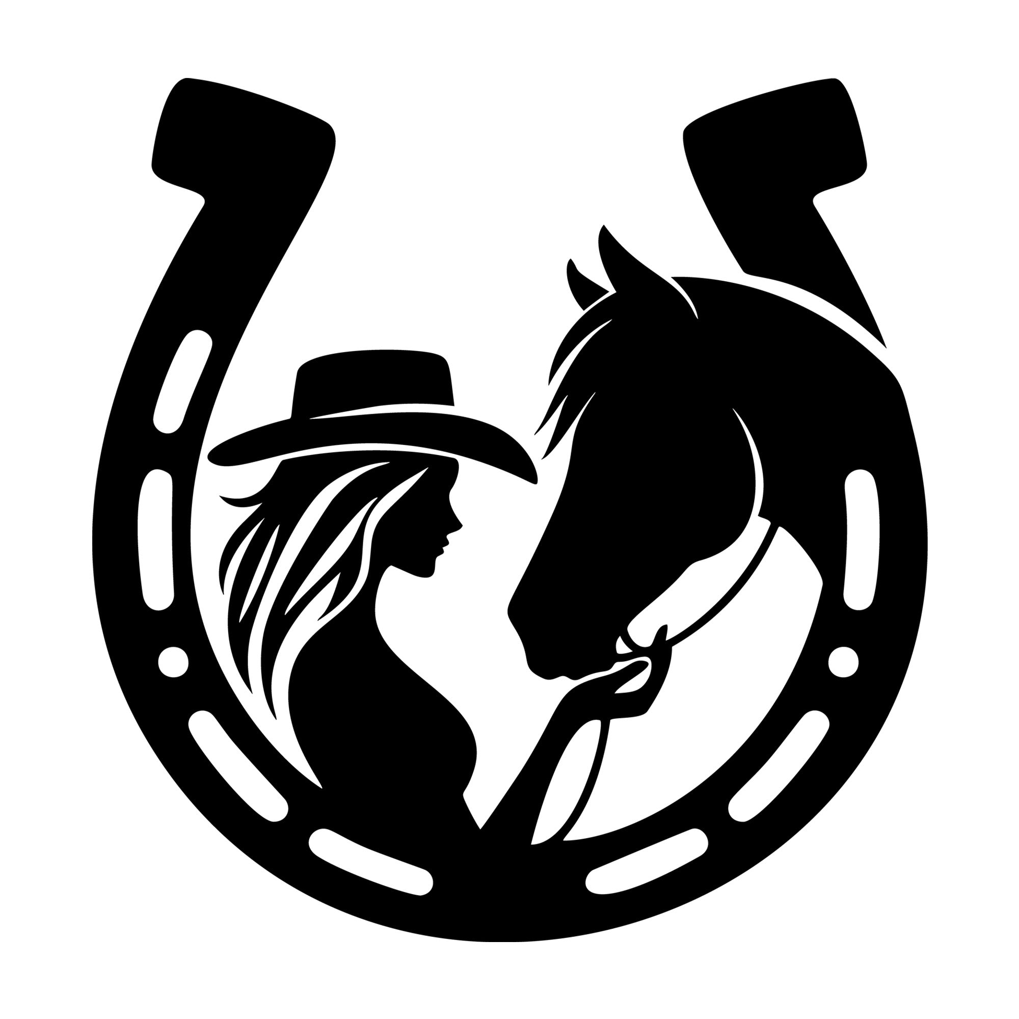 Cowgirl Horse and Horseshoe SVG design for Cricut, Silhouette, laser cutting, vinyl, sublimation, and craft projects.