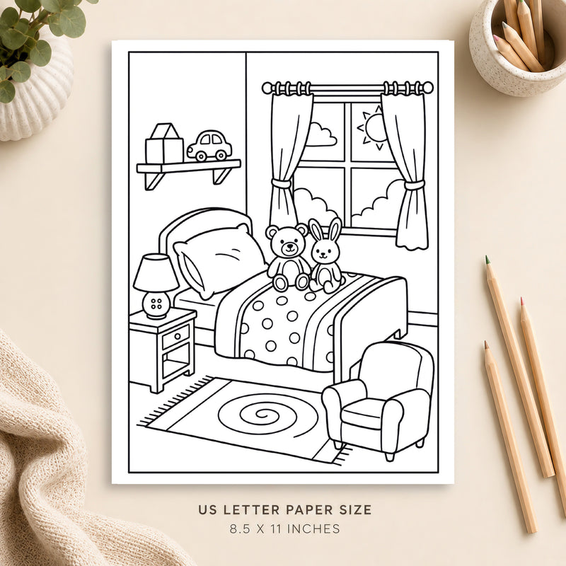 Cozy Bedroom Coloring Page 1