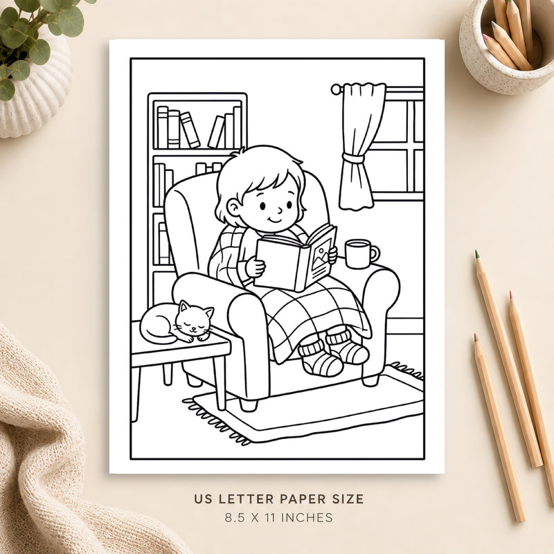 Cozy Book Lovers Coloring Page 2