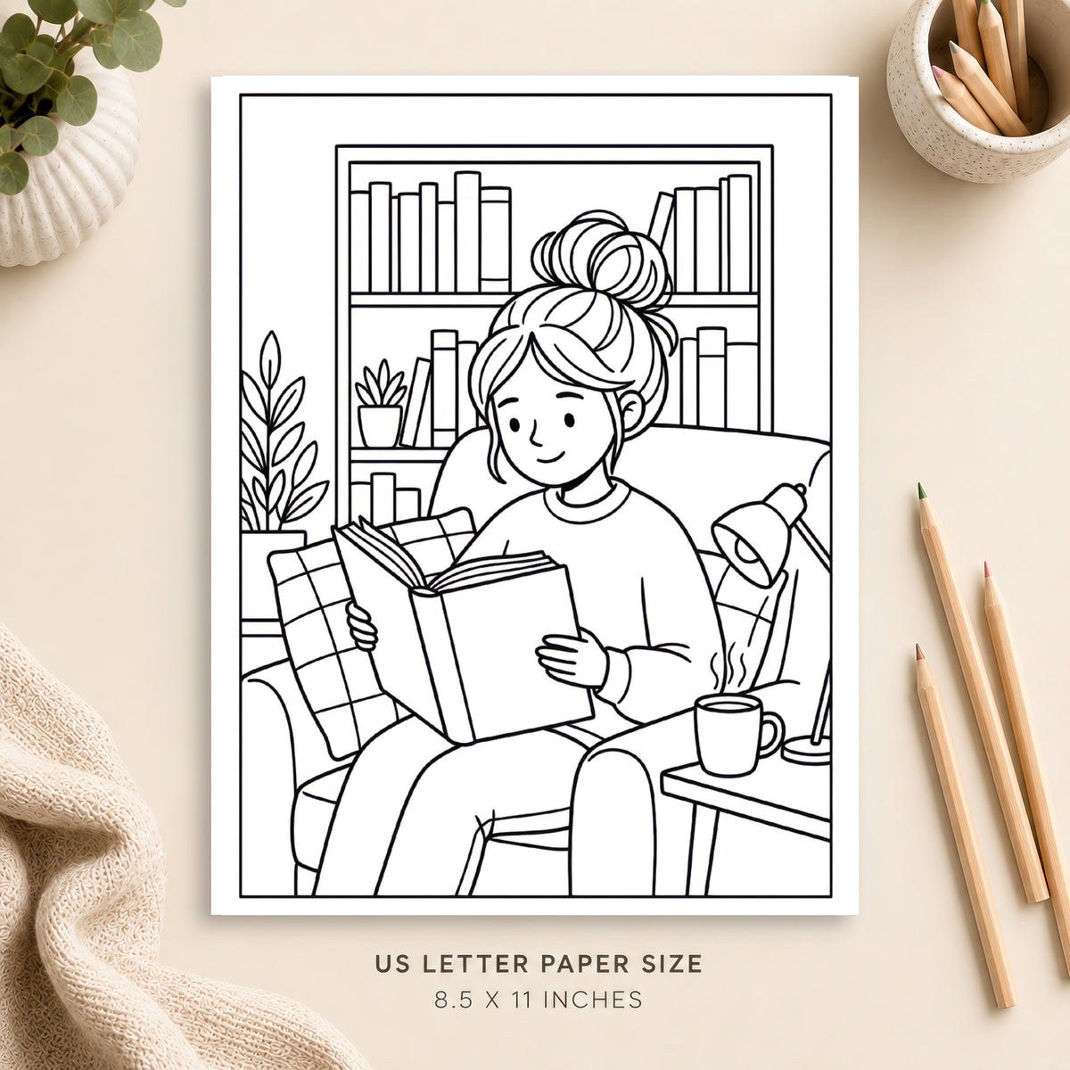 Cozy Book Lovers Coloring Page 8