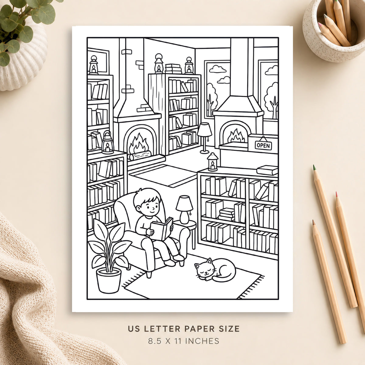 Cozy Bookstore Coloring Page 2