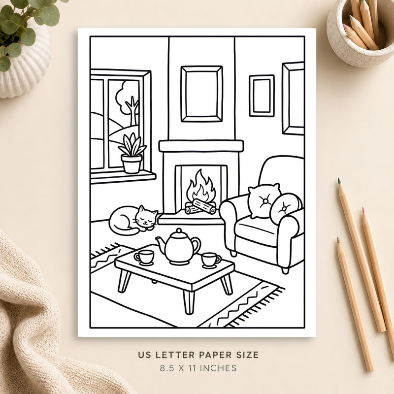 Cozy Cottage Interior Coloring Page 1