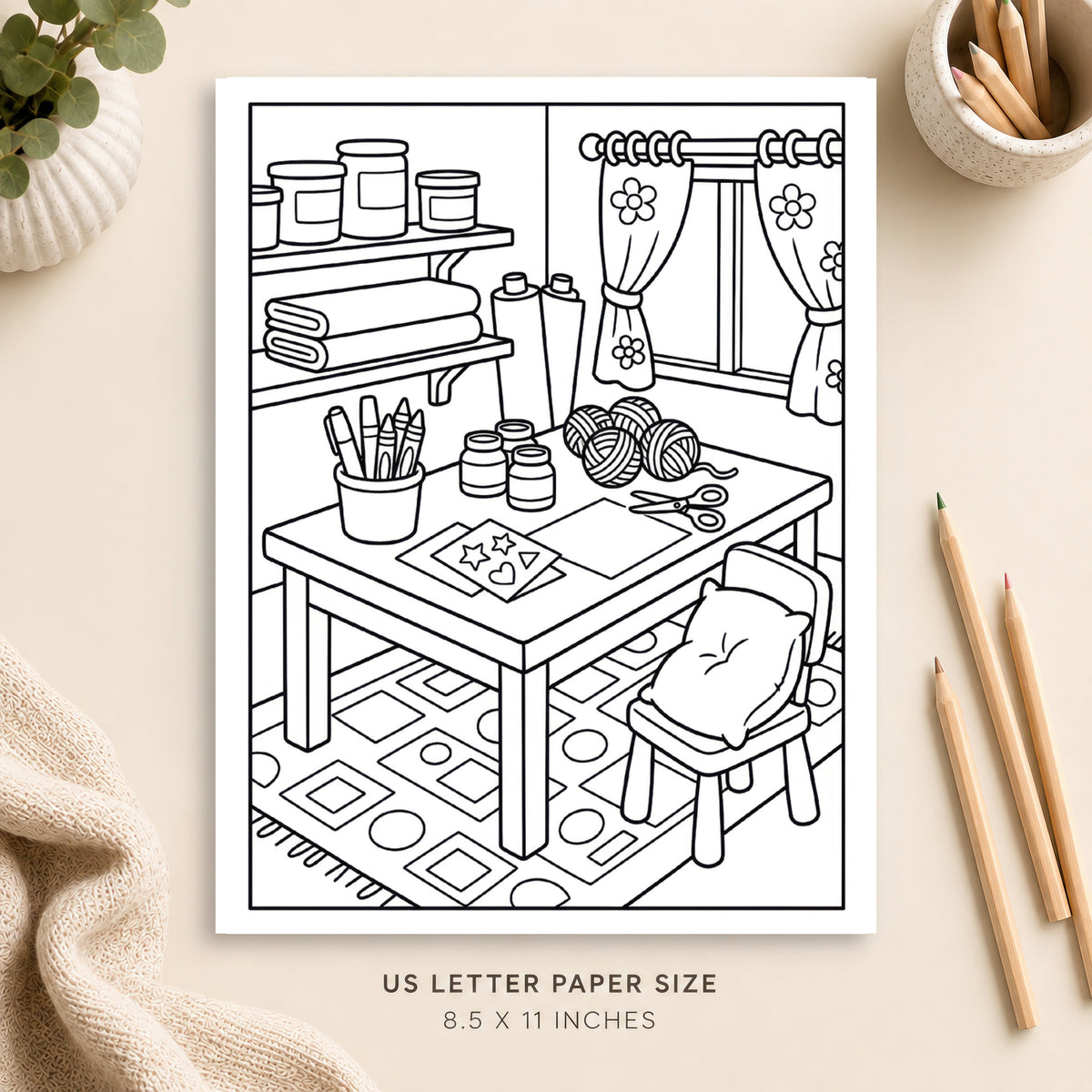 Cozy Craft Room Coloring Page 1