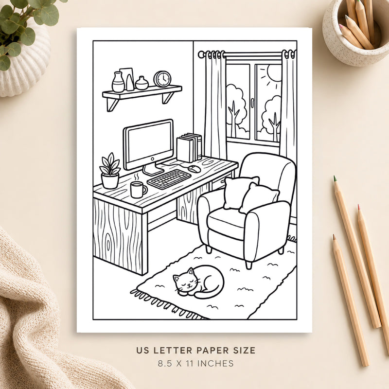 Cozy Home Office Coloring Page 1