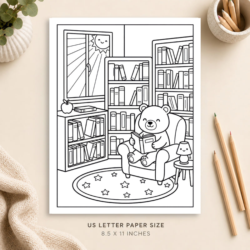 Cozy Library Coloring Page 1
