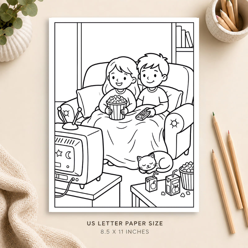 Cozy Movie Night Coloring Page 1