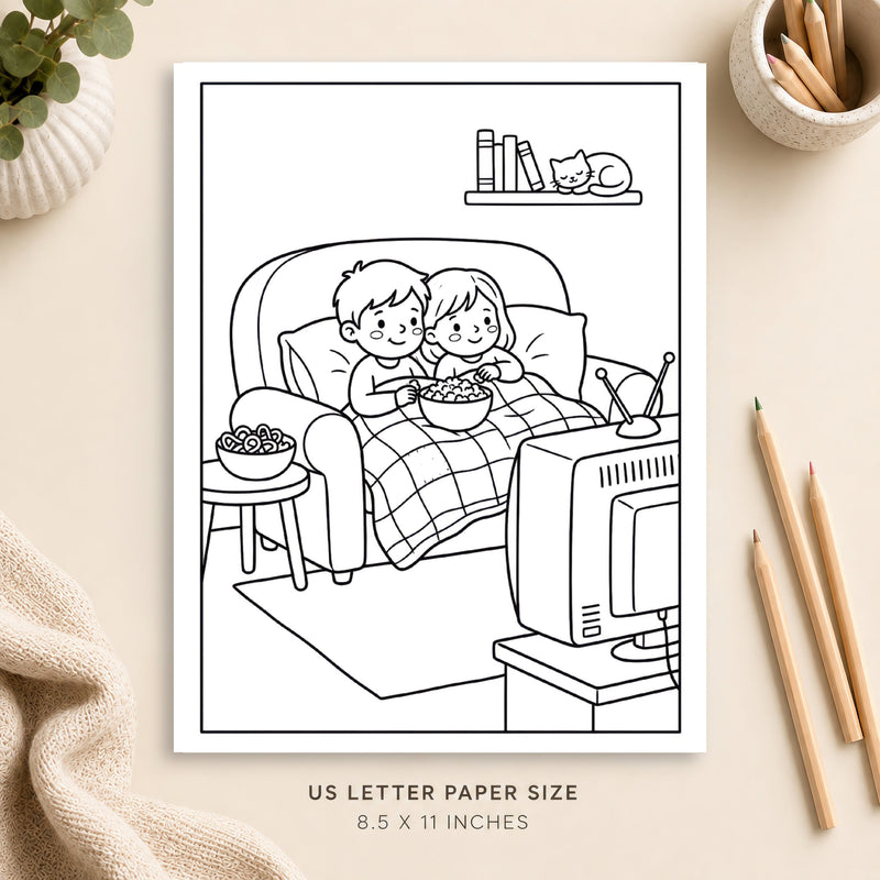 Cozy Movie Night Coloring Page 2
