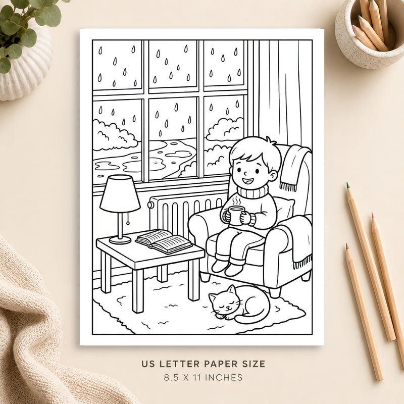 Cozy Rainy Day Coloring Page 1