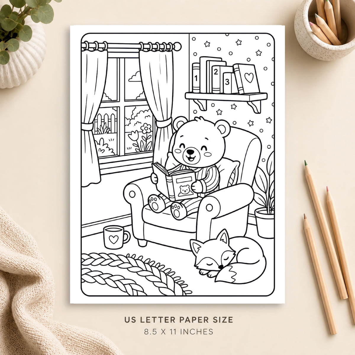 Cozy Reading Nook Coloring Page 1