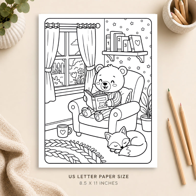 Cozy Reading Nook Coloring Page 1