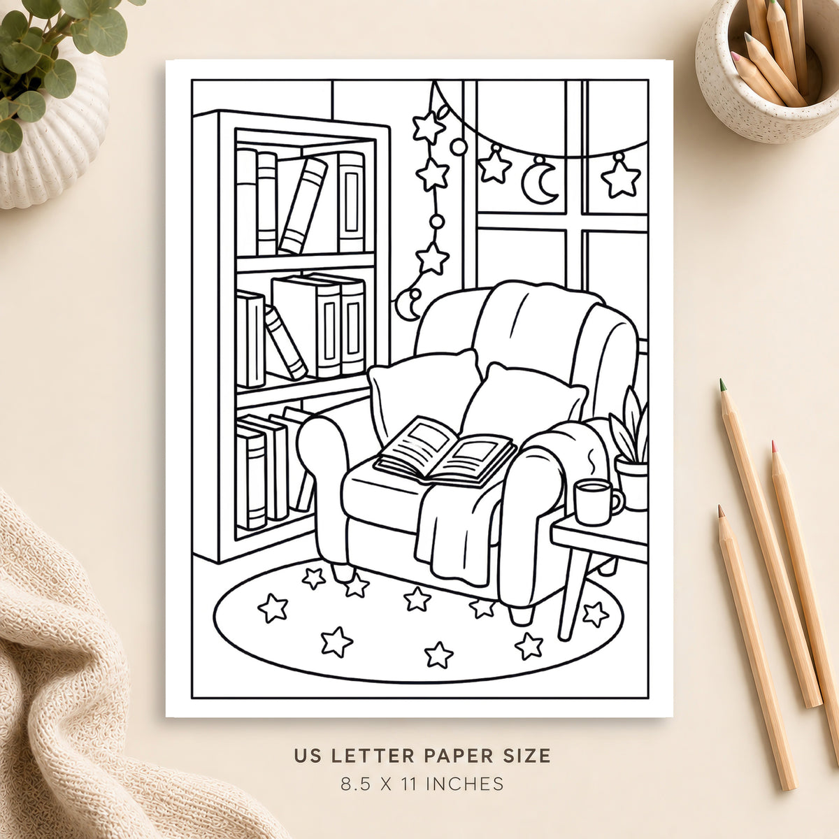 Cozy Reading Nook Coloring Page 6