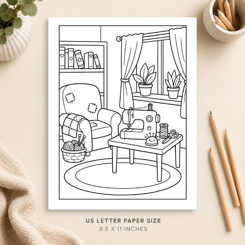 Cozy Sewing Room Coloring Page 1