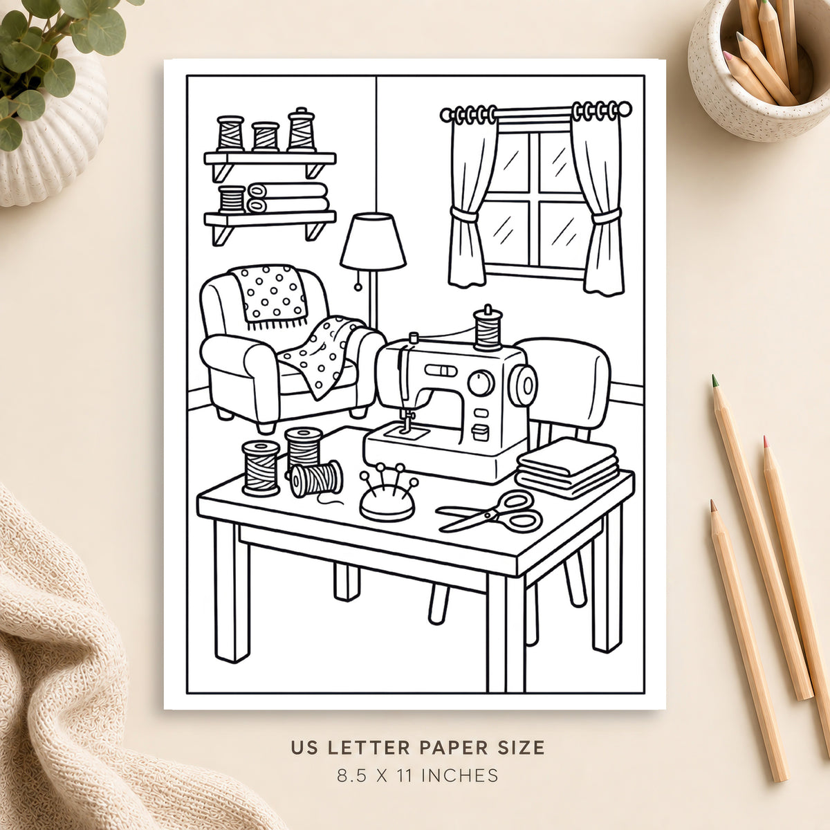 Cozy Sewing Room Coloring Page 2