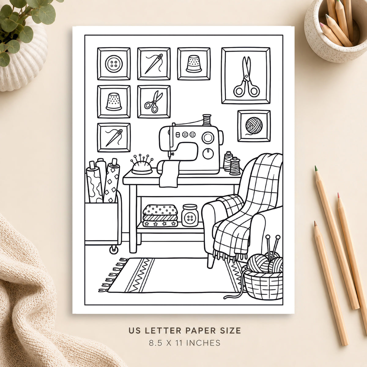 Cozy Sewing Room Coloring Page 3