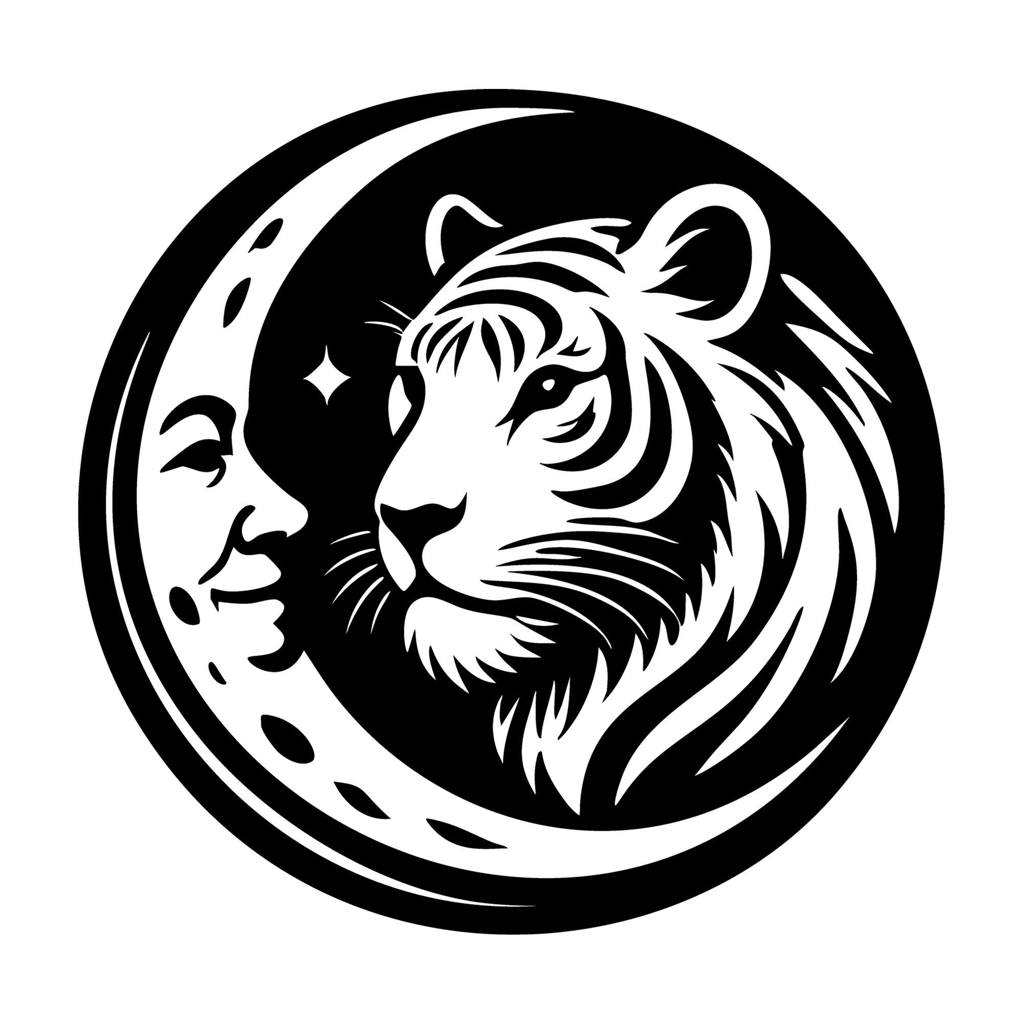 Crescent Moon with Tiger Silhouette SVG design for Cricut, Silhouette, laser cutting, vinyl, sublimation, and craft projects.