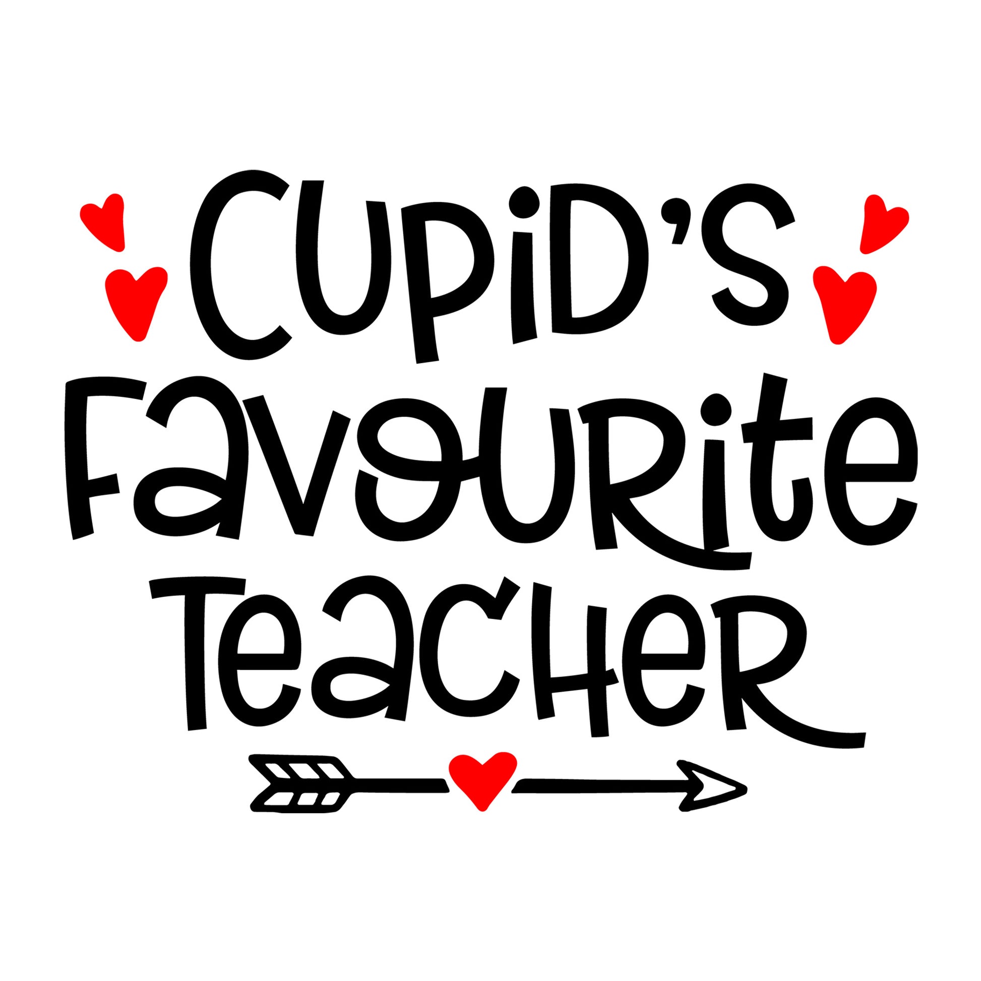 Cupid's Favourite Teacher SVG design for Cricut, Silhouette, laser cutting, vinyl, sublimation, teacher shirts, Valentine shirts, decals, mugs, and DIY craft projects.