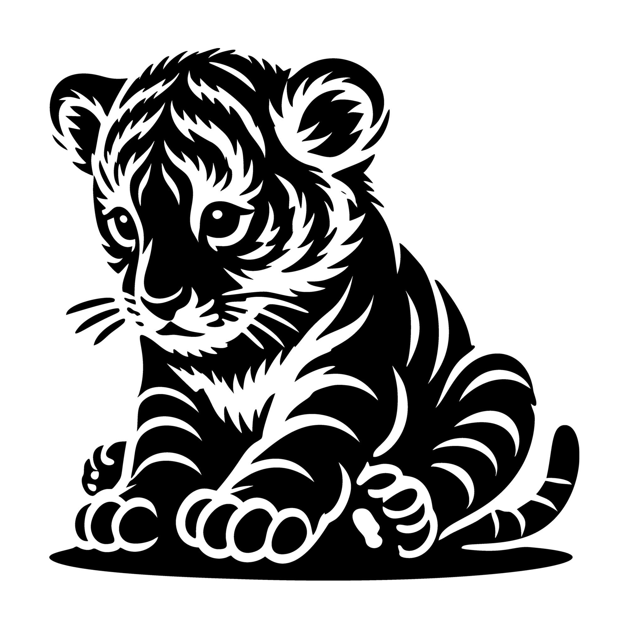 Curious Sitting Tiger Cub Silhouette SVG design for Cricut, Silhouette, laser cutting, vinyl, sublimation, and craft projects.