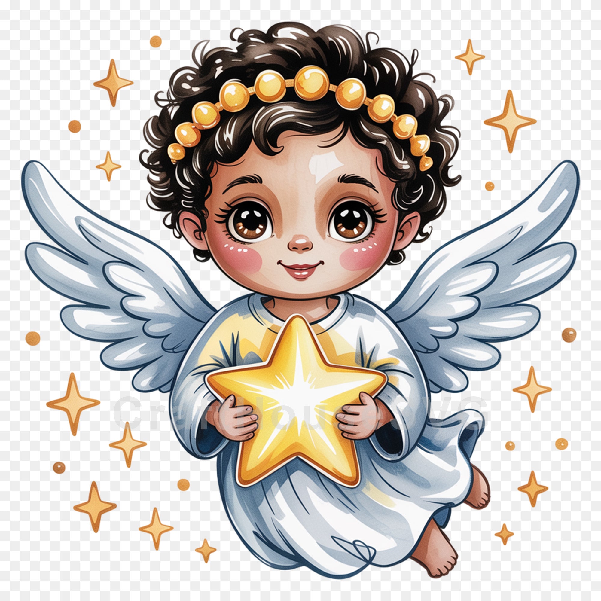 Cute African American Angel Holding Star PNG Clip Art Sublimation
