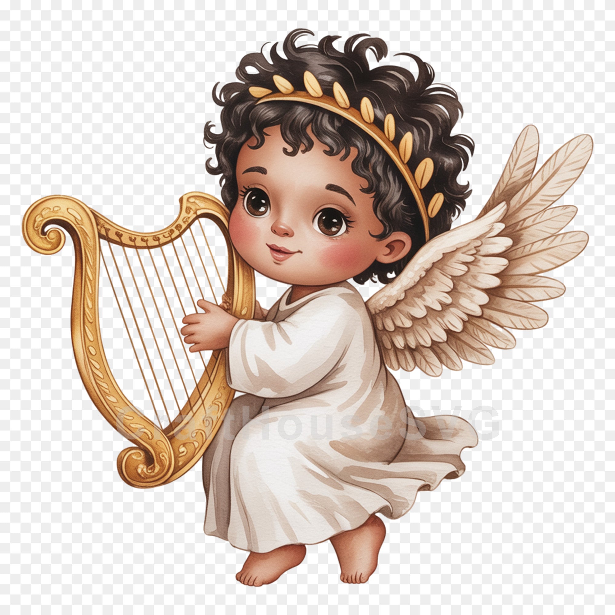 Cute African American Angel Playing Harp PNG Clip Art Sublimation