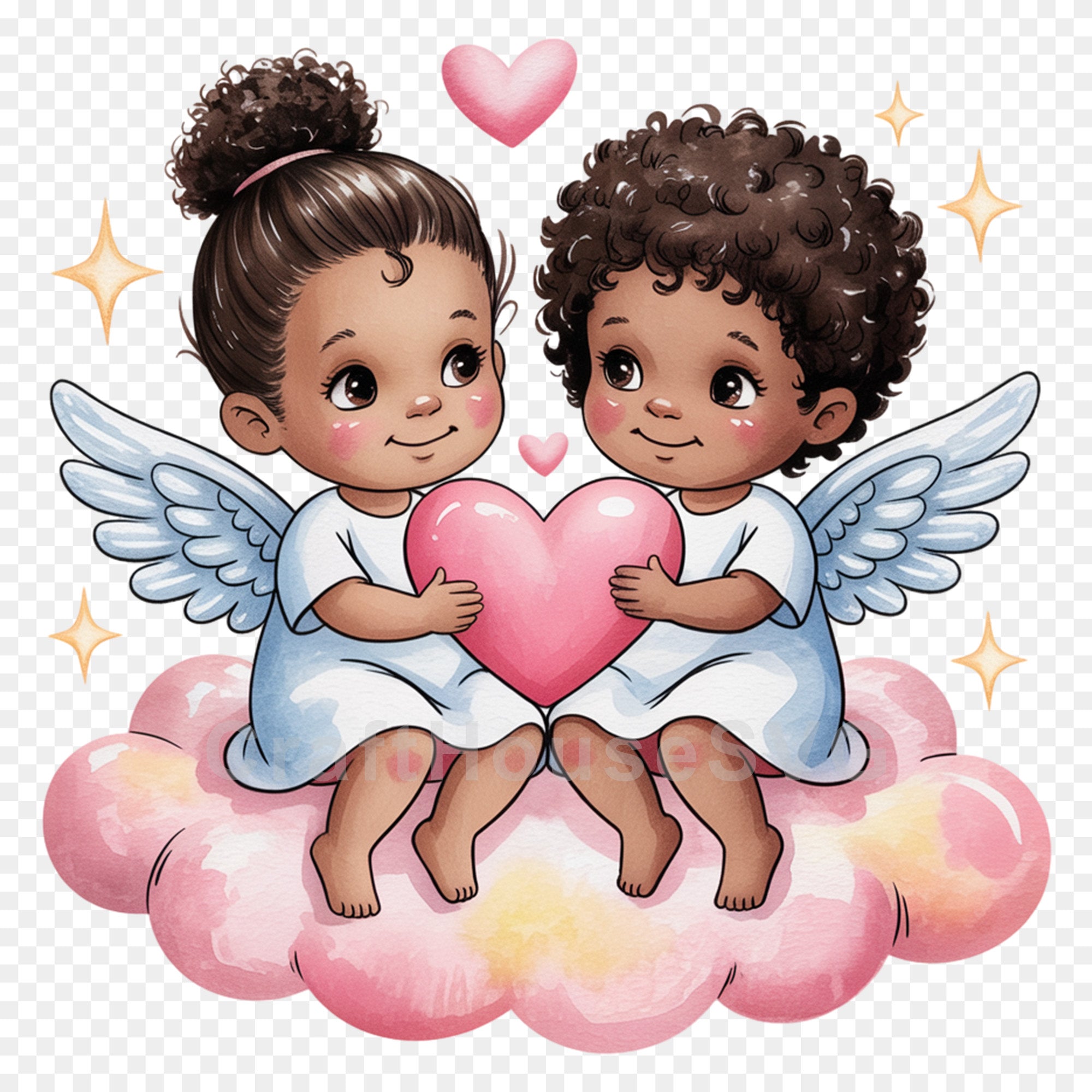 Cute African American Angels with Heart PNG Clip Art Sublimation