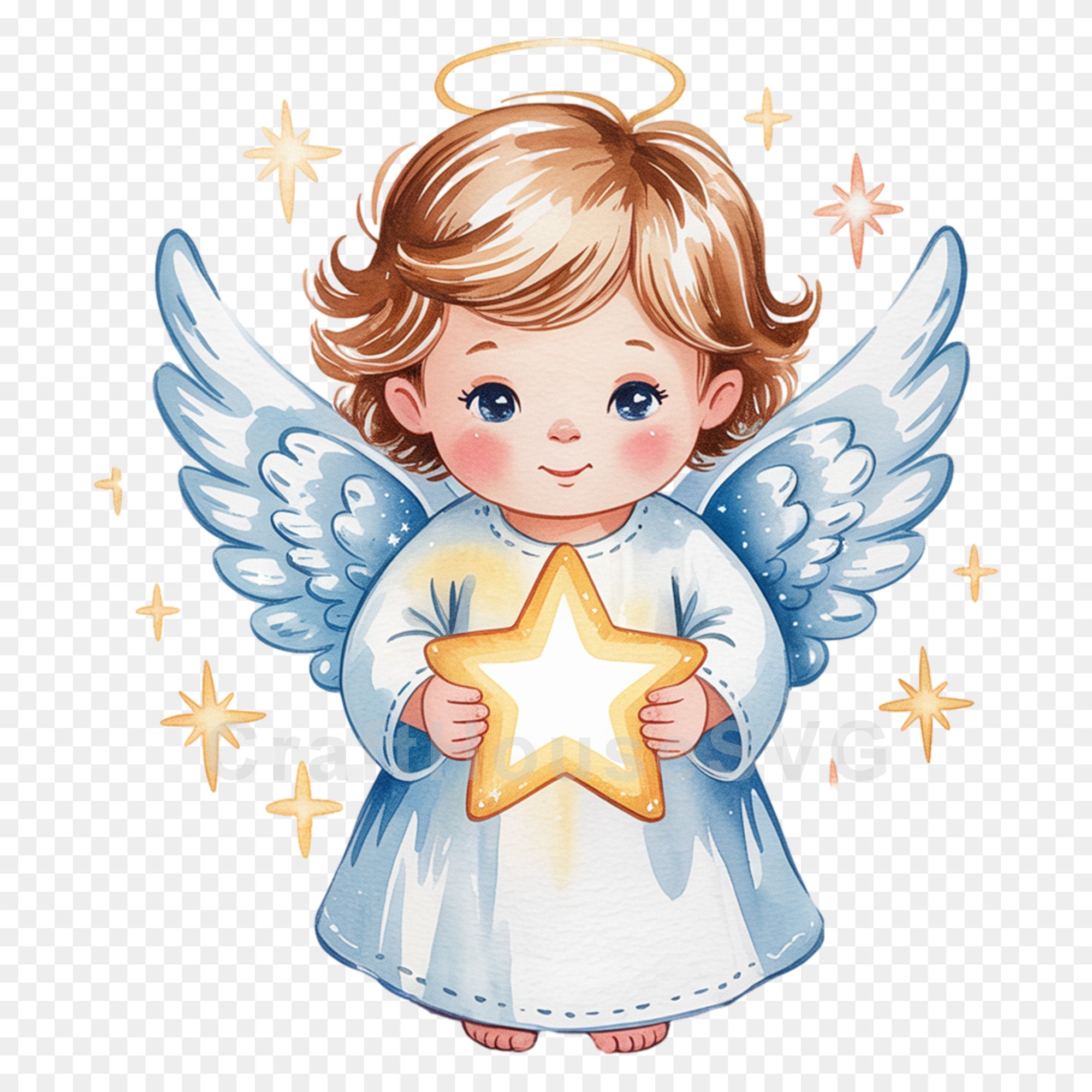 Cute Angel Holding a Star PNG Clip Art Sublimation