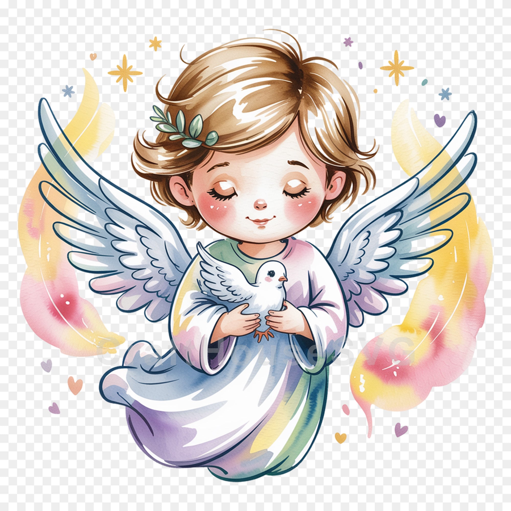 Cute Angel with Dove PNG Clip Art Sublimation