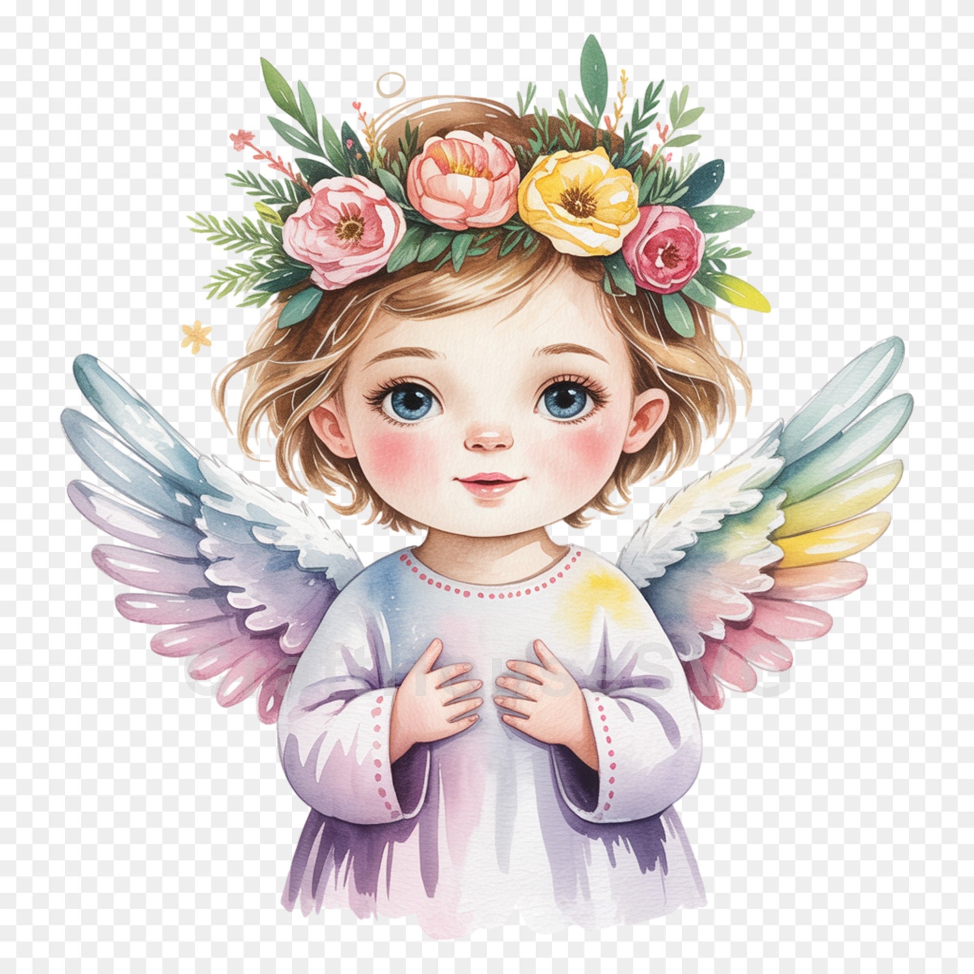 Cute Angel with Flower Crown PNG Clip Art Sublimation